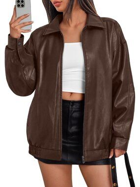 Women’s Brown Oversized Faux Leather Motorcycle Moto Biker Jacket